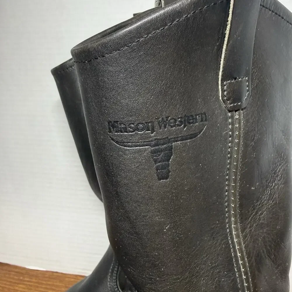 Mason Western Black Leather Cowboy Work Boots Vibram Men’s Size 9